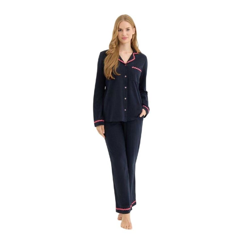 Chelsea Peers Womens/Ladies Wavy Contrast Trim Long Pyjama Set / Navy